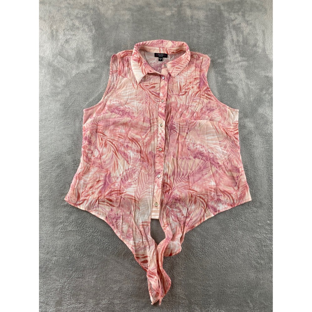Cocomo Woman Pink Tropical Palm Leaf Sleeveless Tie Front Button Down Shirt 1X